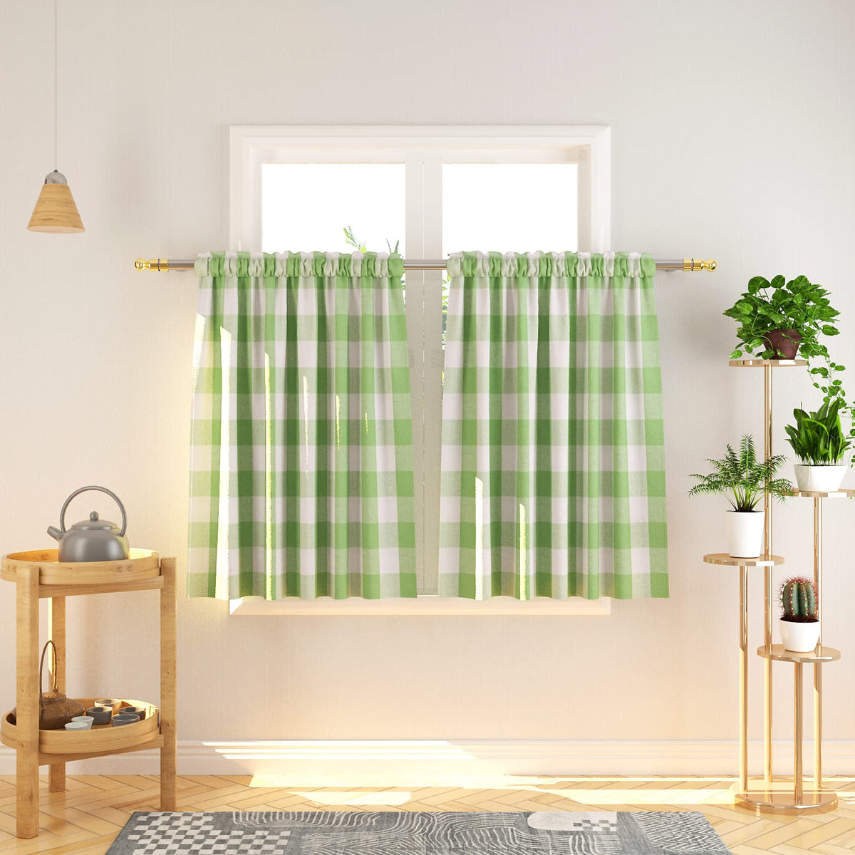 Buffalo Check Kitchen Tier Curtain 24 inches Long Plaid Gingham Rod Pocket Classic Cafe Curtains Country Farmhouse Kitchen Half Window Curtains 2 Panels Beige & White