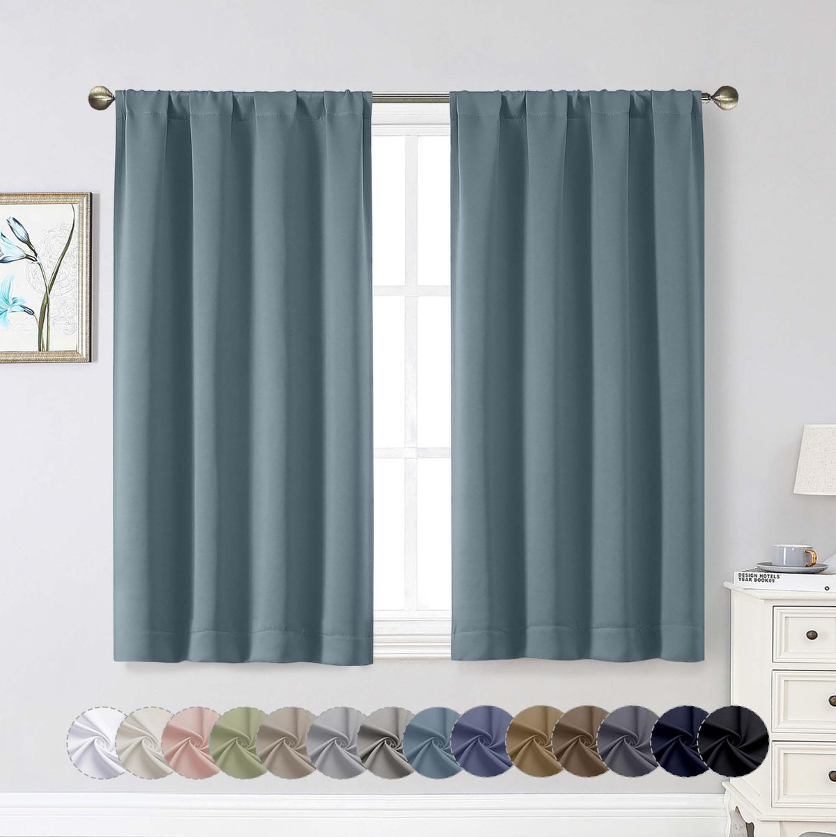 Black Cafe Blackout Curtains 36 Inch Length 2 Panels Set, Soft Solid Thermal Insulated Room Darkening Small Window Curtains for Kitchen Bathroom Basement, Black, Each, 40" Wx36 L