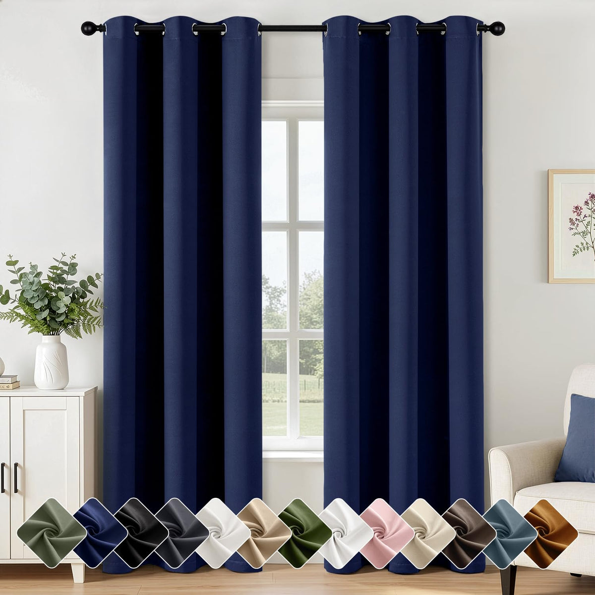 Short Navy Blue Blackout Kitchen Curtain W40 x L45 Inch 2 Panels