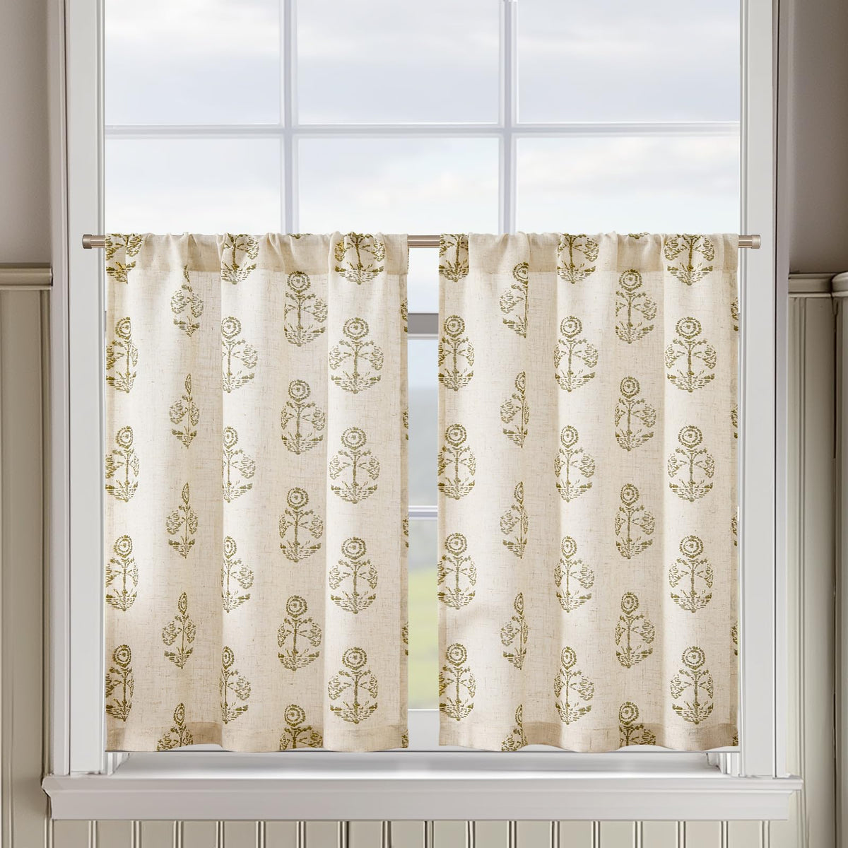 jinchan Hattie Floral Linen Kitchen Tier Curtains Beige 30 in 2 Panels
