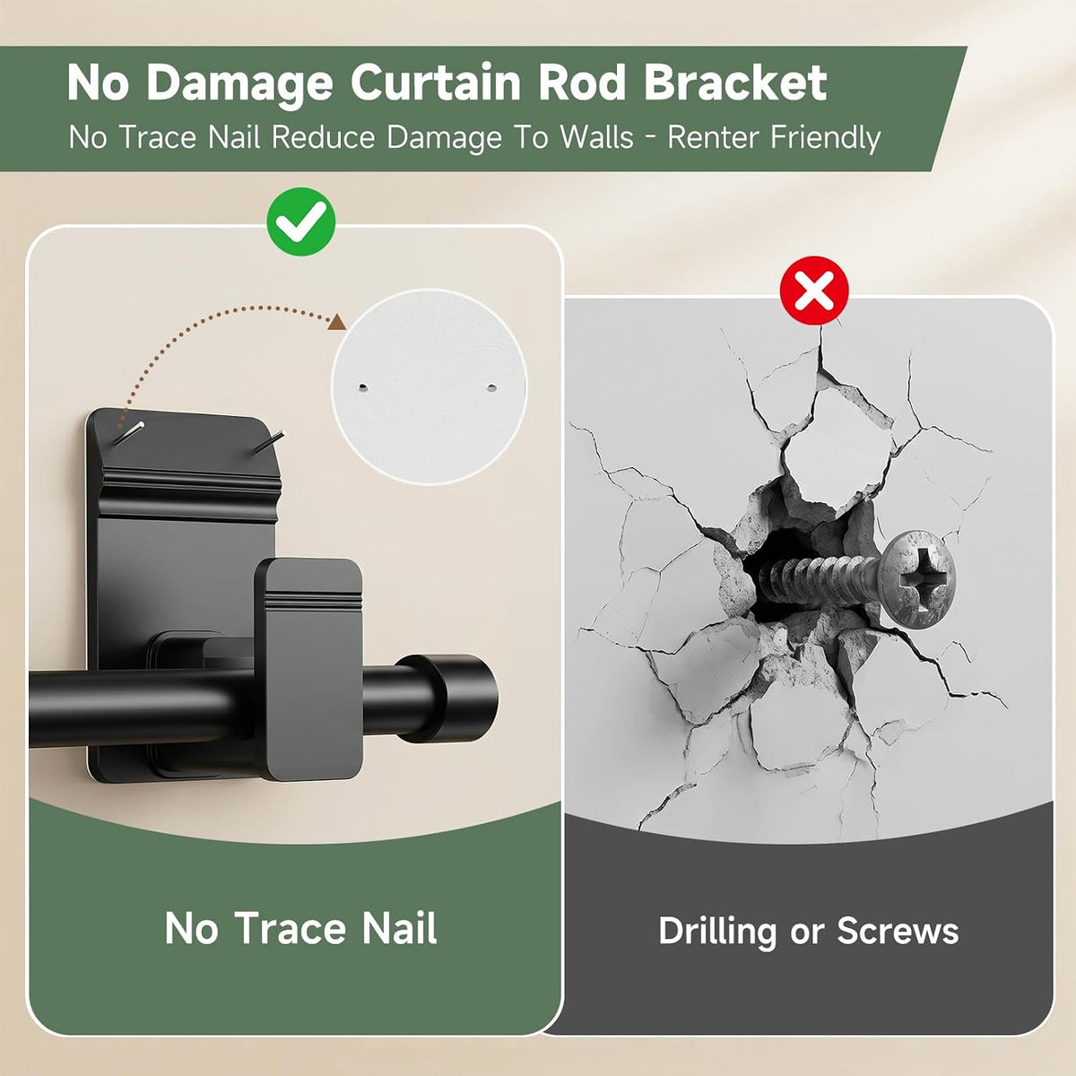 EKOTTOK No Drill Curtain Rod Brackets for 5/8" Rod, Heavy Duty 30LB+, Adhesive & Invisible Nail Curtain Rod Holders, Damage-Free Wall Mount Hooks for Bathroom, Kitchen, Bedroom (8PC, Black)