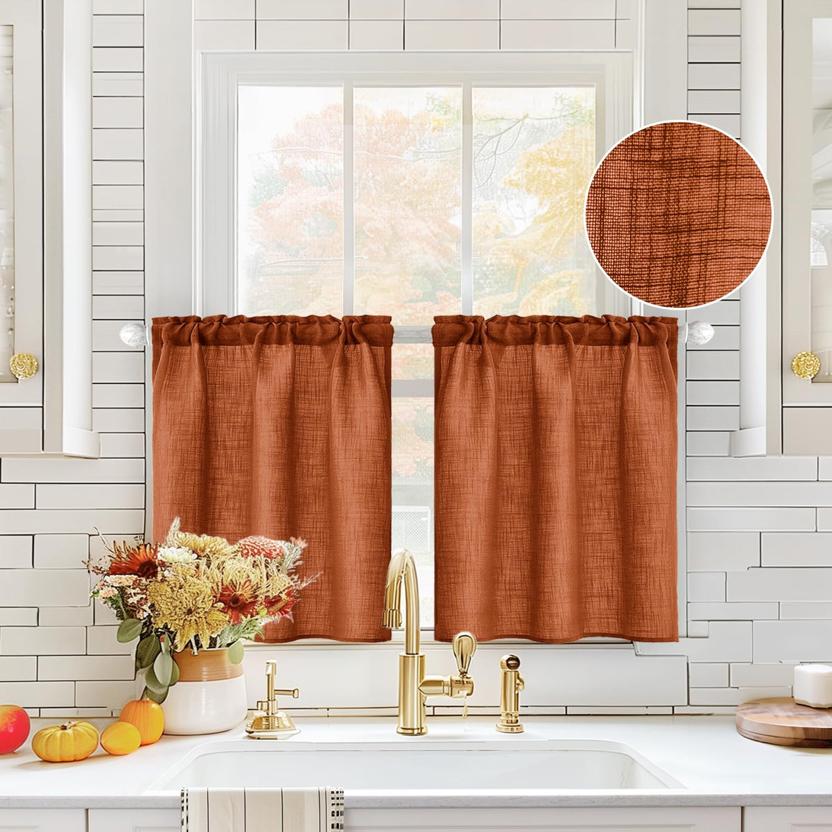 MIULEE Spring Linen Textured Kitchen Window Curtains over Sink 24 Inch Length Semi Sheer Farmhouse Small Curtains for Cafe Bathroom Basement, Short Rod Pocket Tier Curtains 2 Panels W26XL24 Sage Green