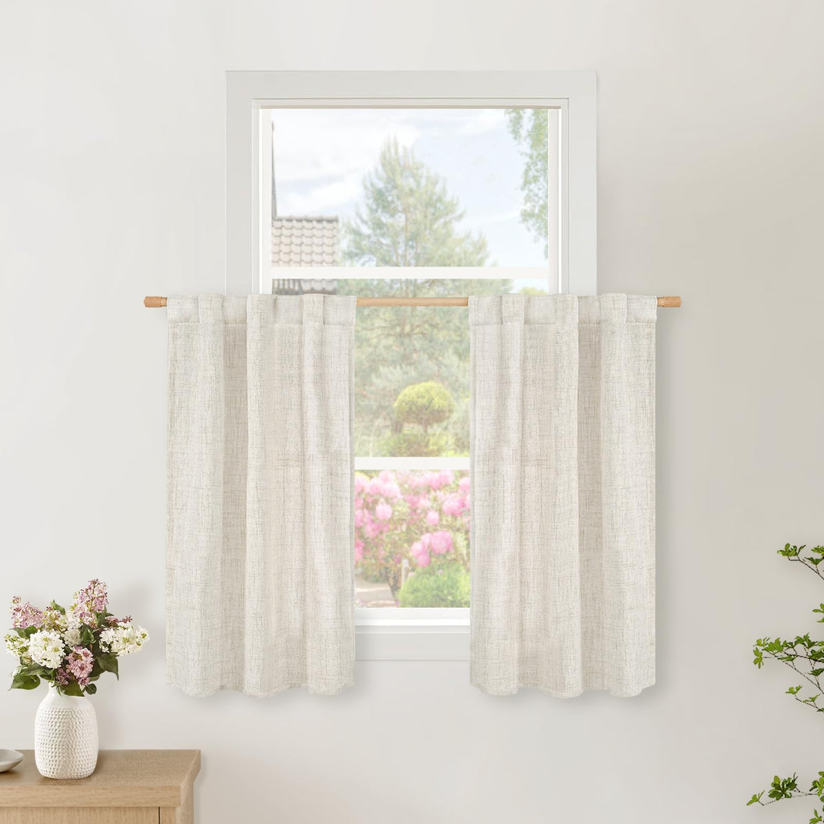 BGment White Linen Kitchen Curtains 40 Inch Length for Short Window