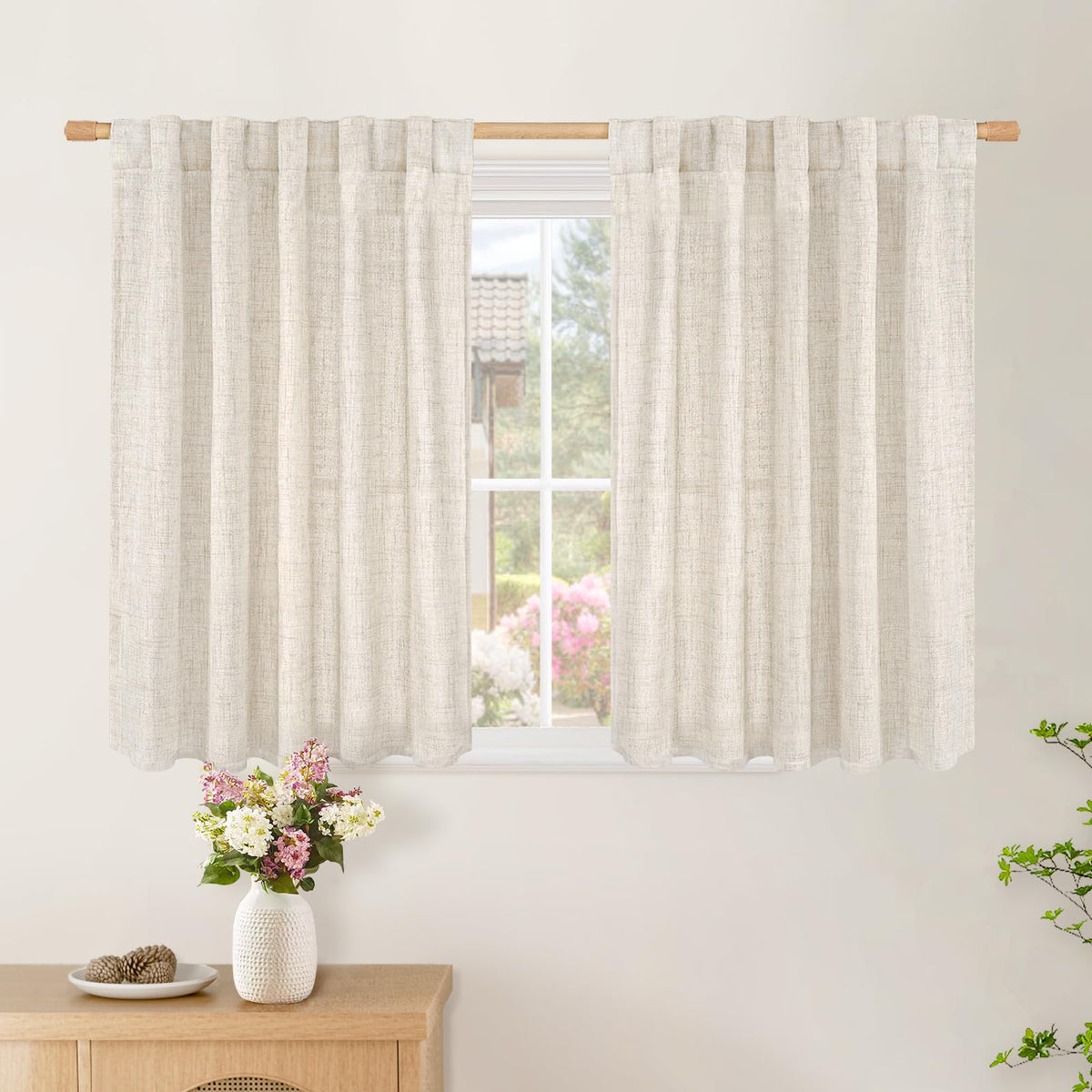 BGment White Linen Kitchen Curtains 40 Inch Length for Short Window