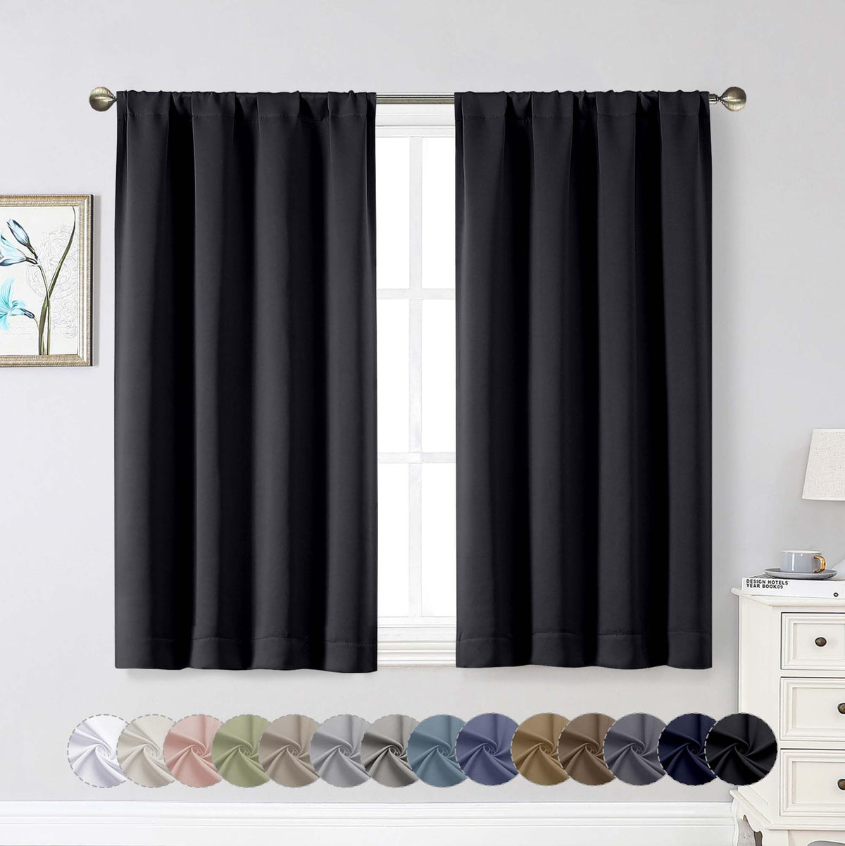Black Cafe Blackout Curtains 36 Inch Length 2 Panels Set, Soft Solid Thermal Insulated Room Darkening Small Window Curtains for Kitchen Bathroom Basement, Black, Each, 40" Wx36 L