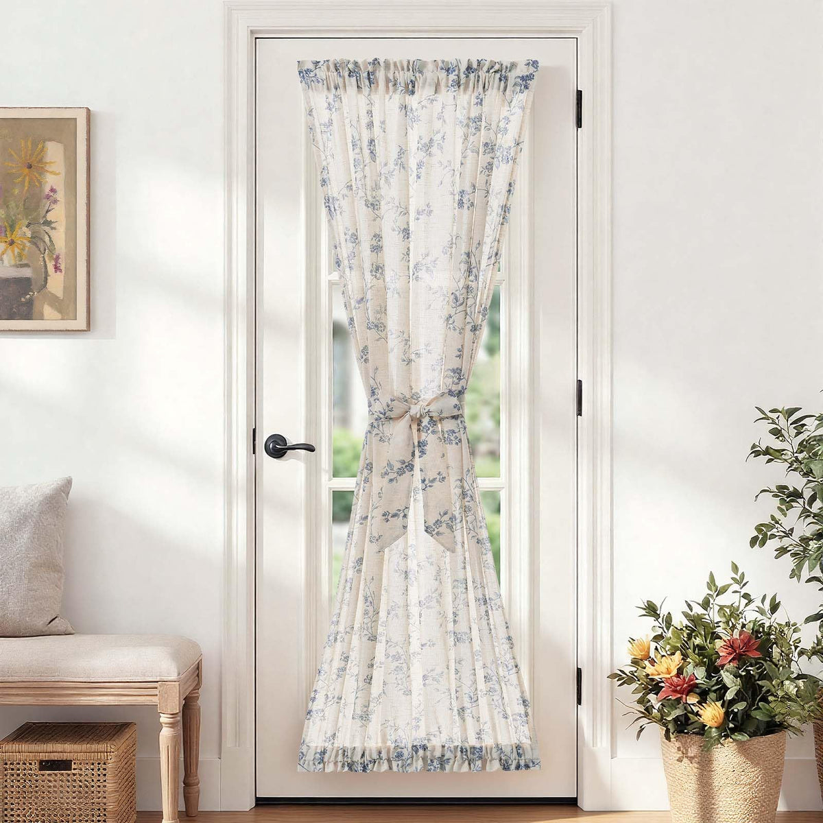 jinchan Blue Linen Floral French Door Curtain 40 Inch Rod Pocket 1 Panel