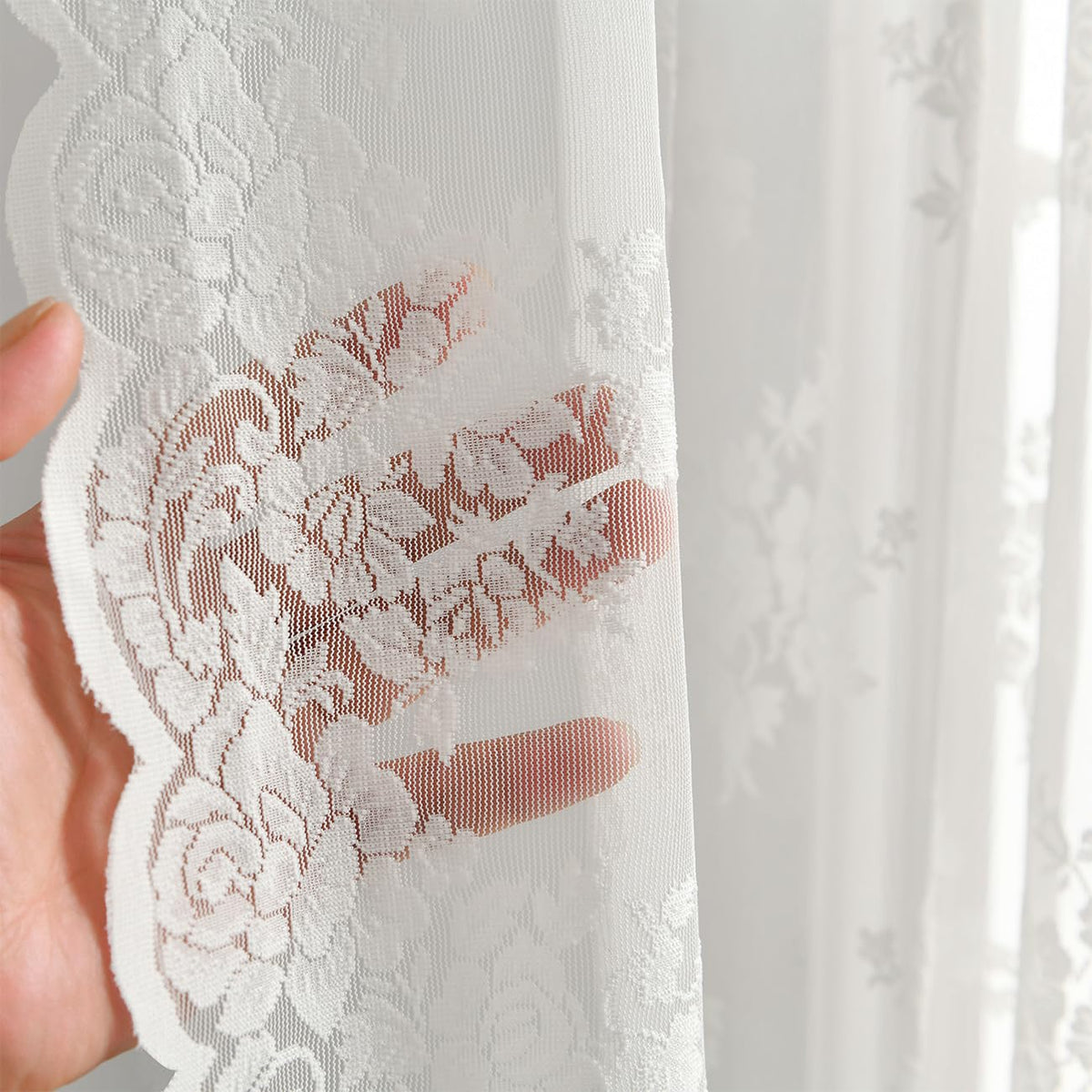 Kotile Short Beige Lace Curtains for Kitchen Windows W42xL45 Inch, 2 Panels