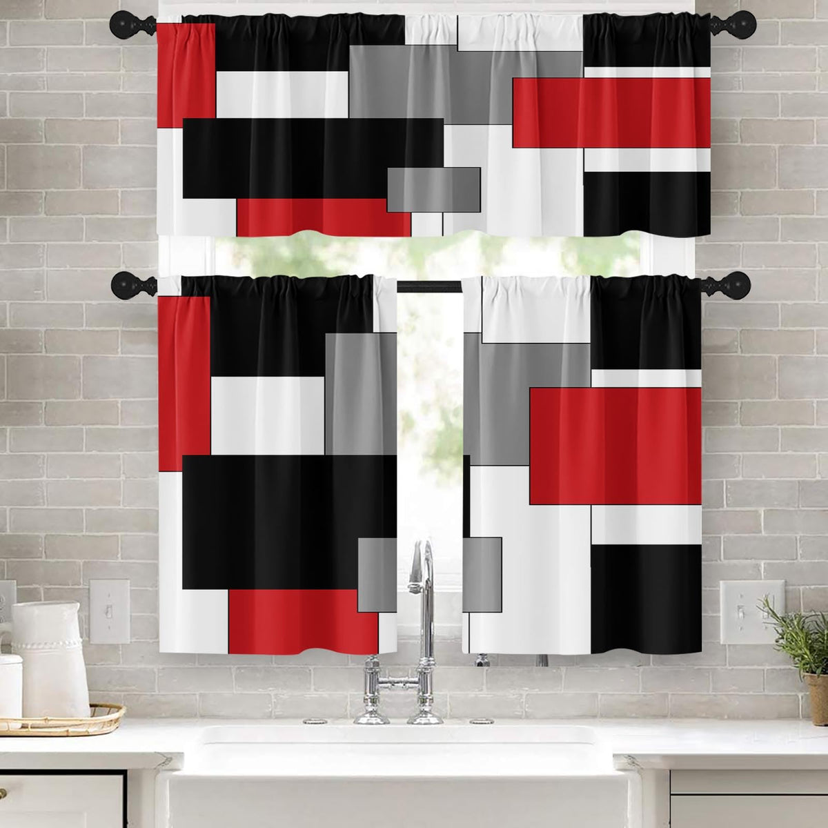 Kitchen Curtains Sets for Windows 52x36 Inch 3 Pack, Geometric