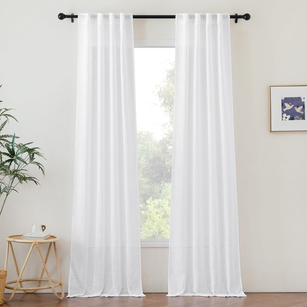NICETOWN Natural Linen Kitchen Curtains 26 inches Long, Rod Pocket & Back Tab Semi Sheer Flax Window Treatments Rustic & Cute for Cafe/Kids Room, W37 x L26, 2 Panels