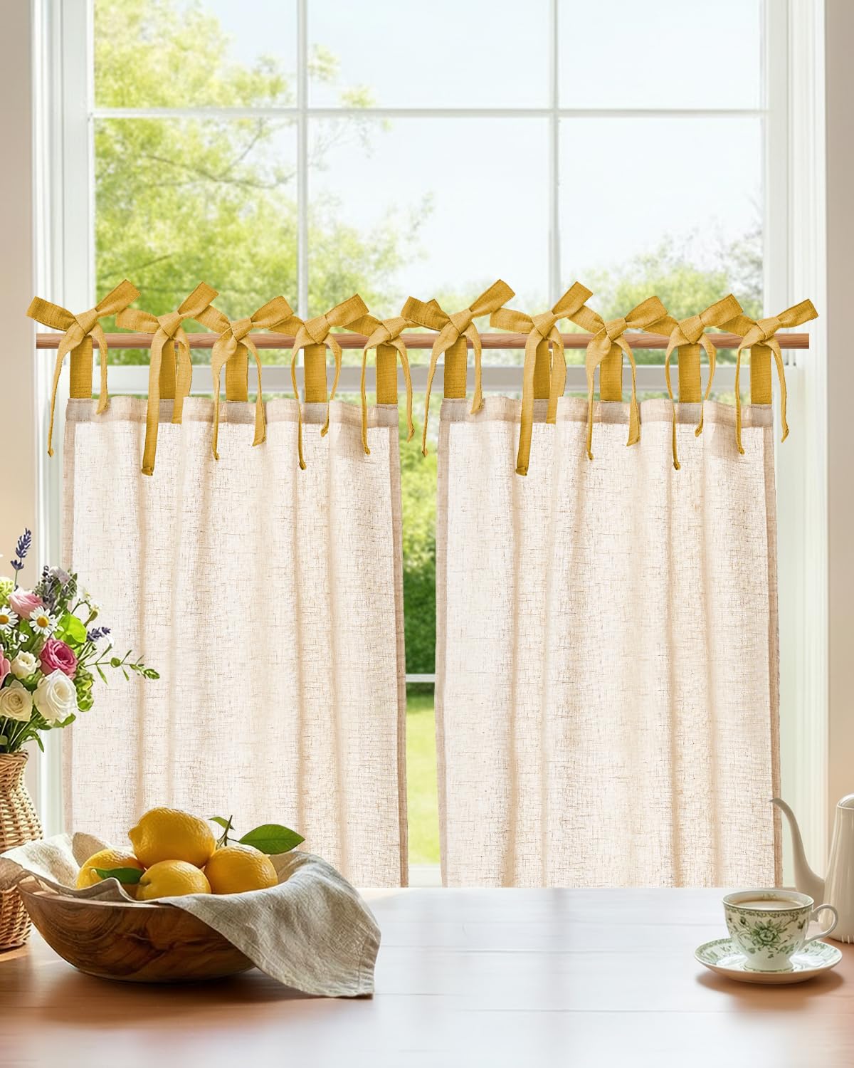 jinchan Solid Linen Kitchen Tier Curtains 24 Inches Tie Top 2 Panles Crude