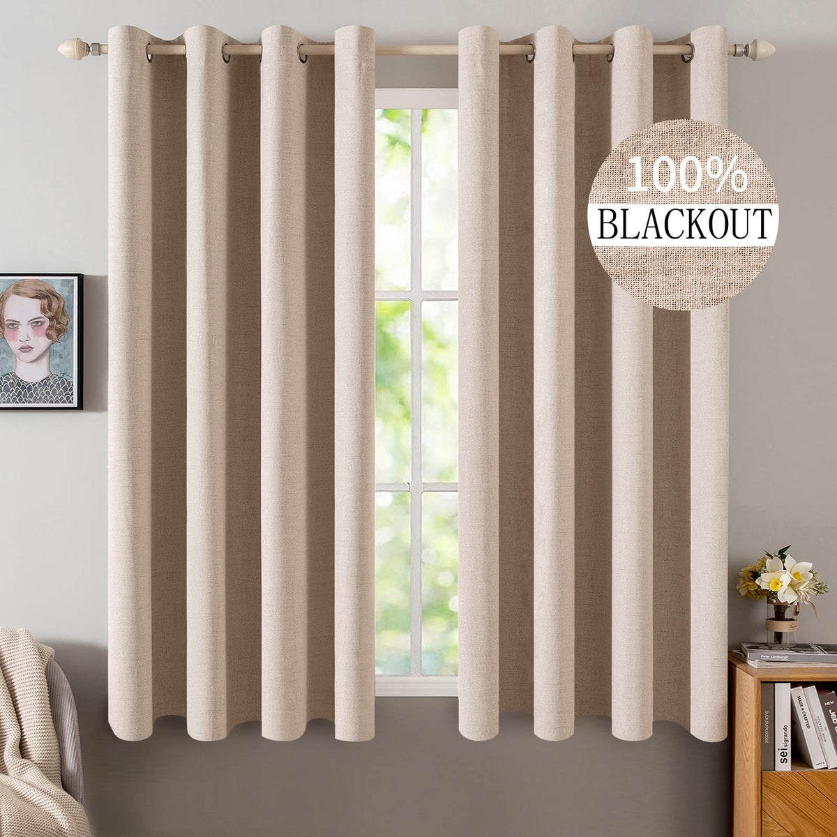 MIULEE 100% Blackout Linen Curtains for Bedroom 52x54 Inches Natural Beige