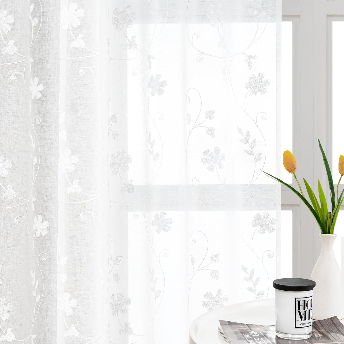 HOMEIDEAS Sage Green Kitchen Tier Curtains Leaf Embroidered, 30x36, 2 Panel