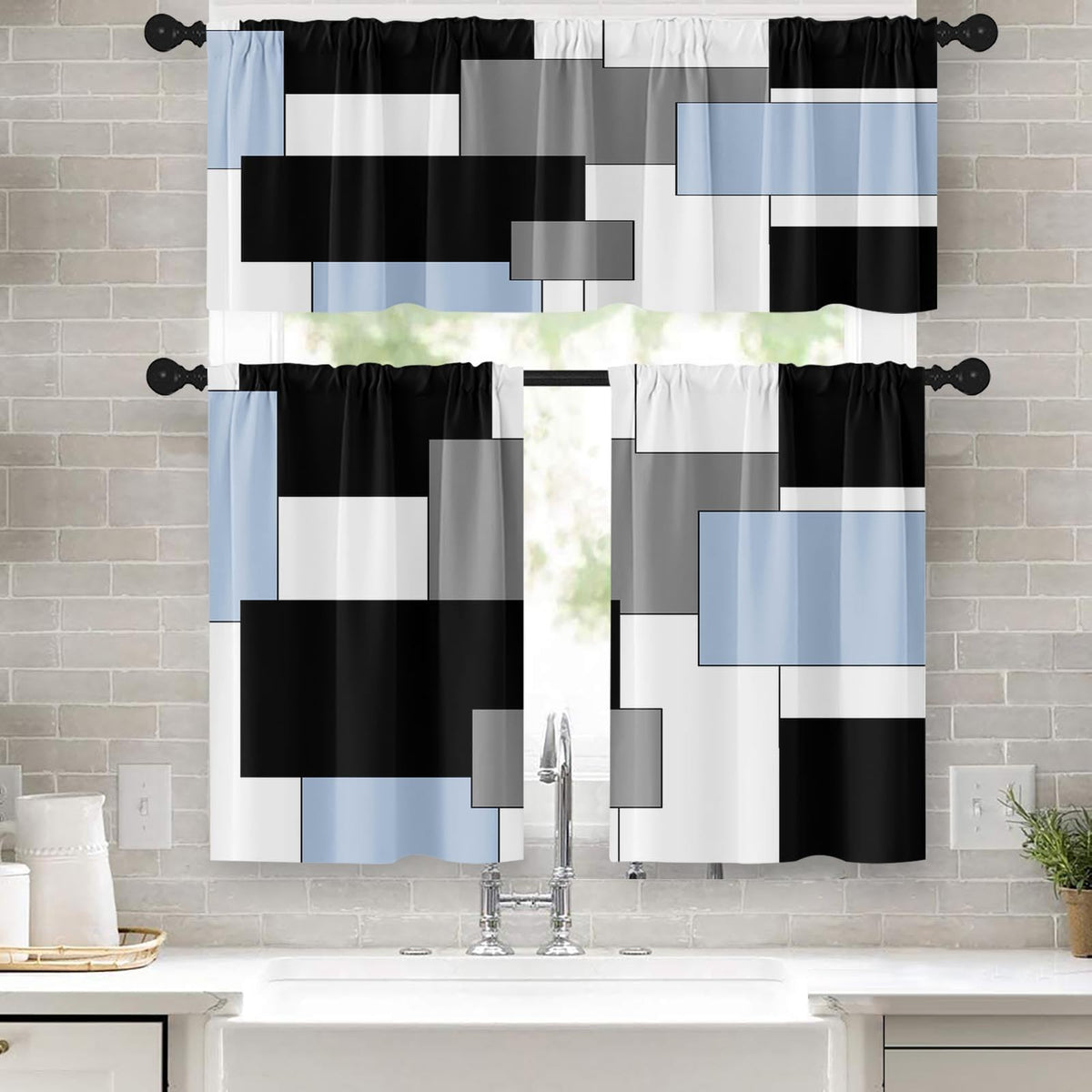 Kitchen Curtains Sets for Windows 52x36 Inch 3 Pack, Geometric