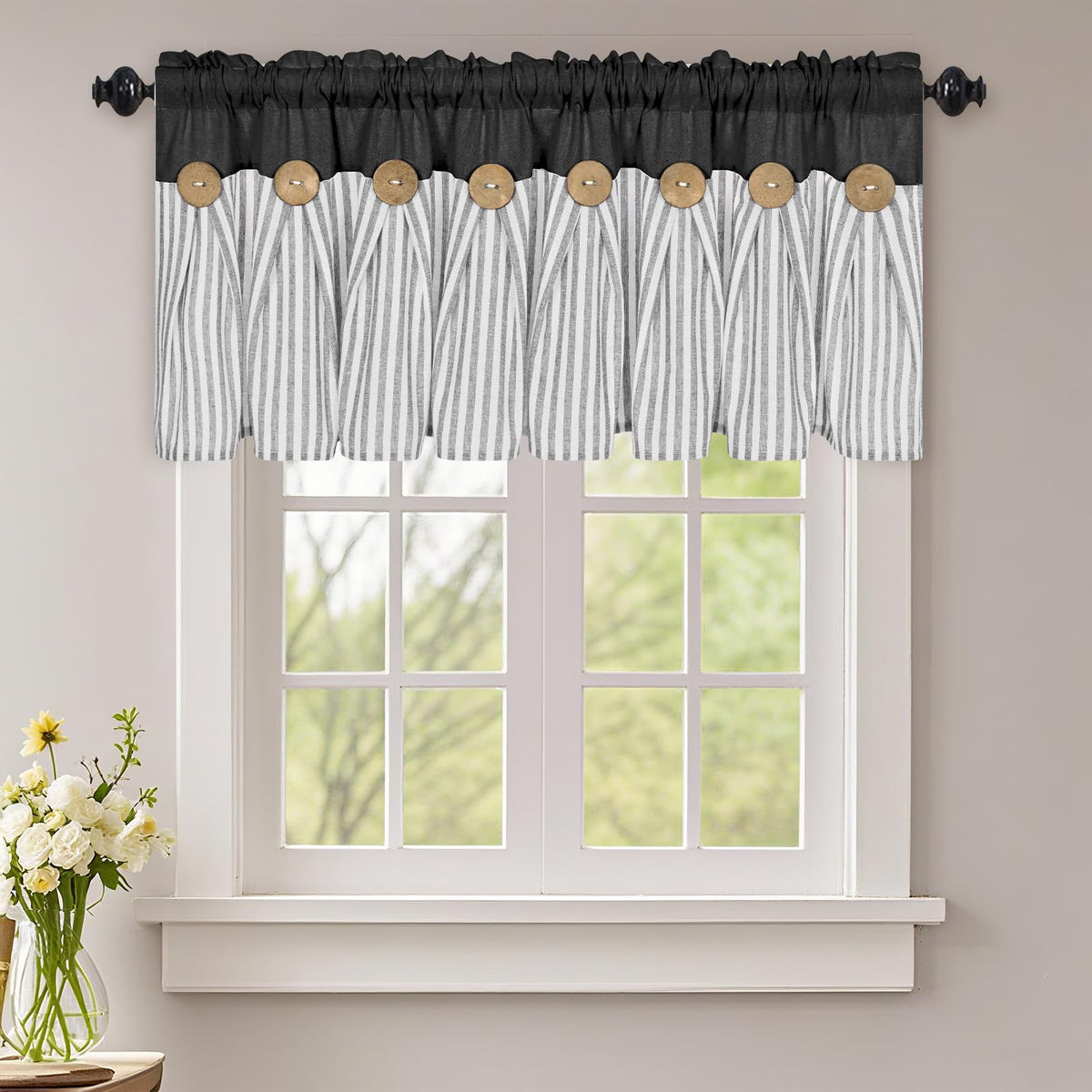 ASPMIZ Cotton Linen Kitchen Valance Curtains, Boho Rustic Button Linen Valances for Windows Farmhouse, Black with Grey Stripe Valance Window Topper Treatment Window Valances for Bathroom, 52 x 18 Inch