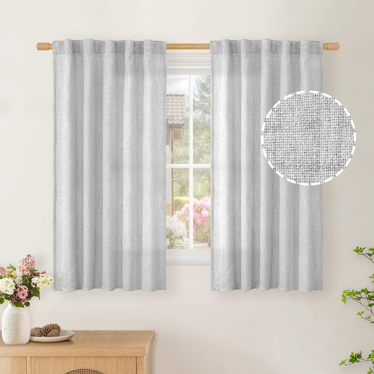 BGment White Linen Kitchen Curtains 40 Inch Length for Short Window