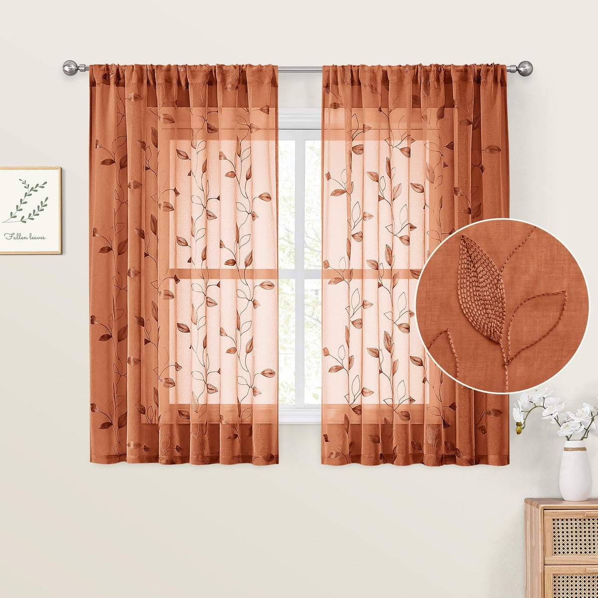 HOMEIDEAS Sage Green Kitchen Tier Curtains Leaf Embroidered, 30x36, 2 Panel