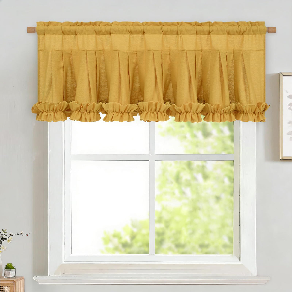 Likiyol Linen Valances for Windows Farmhouse Ruffle Swag Valance Rustic Country Window Valances Light Filtering Kitchen Curtains Rod Pocket Valance Curtains for Bathroom Cafe, Green, 60" W x 36" L