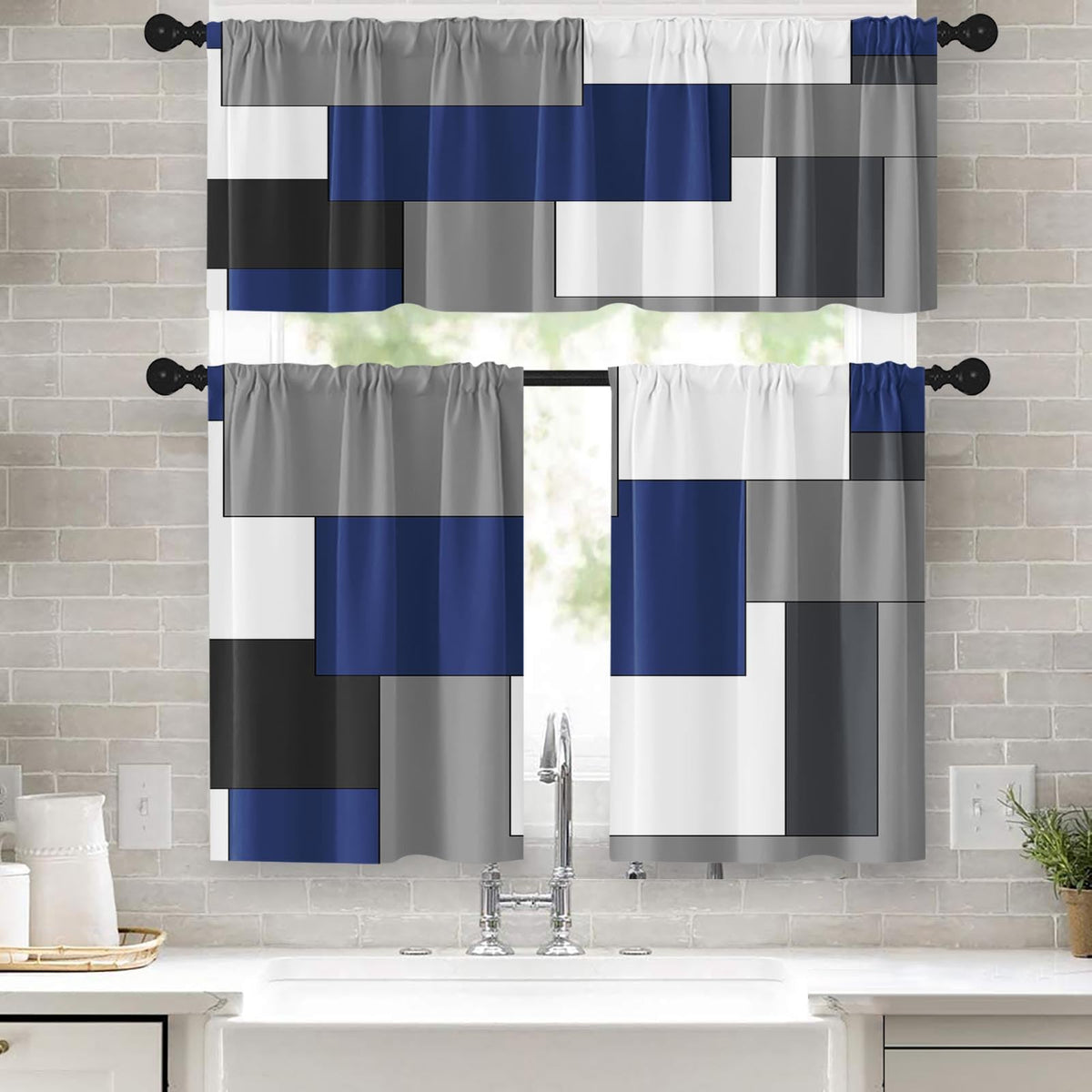Kitchen Curtains Sets for Windows 52x36 Inch 3 Pack, Geometric