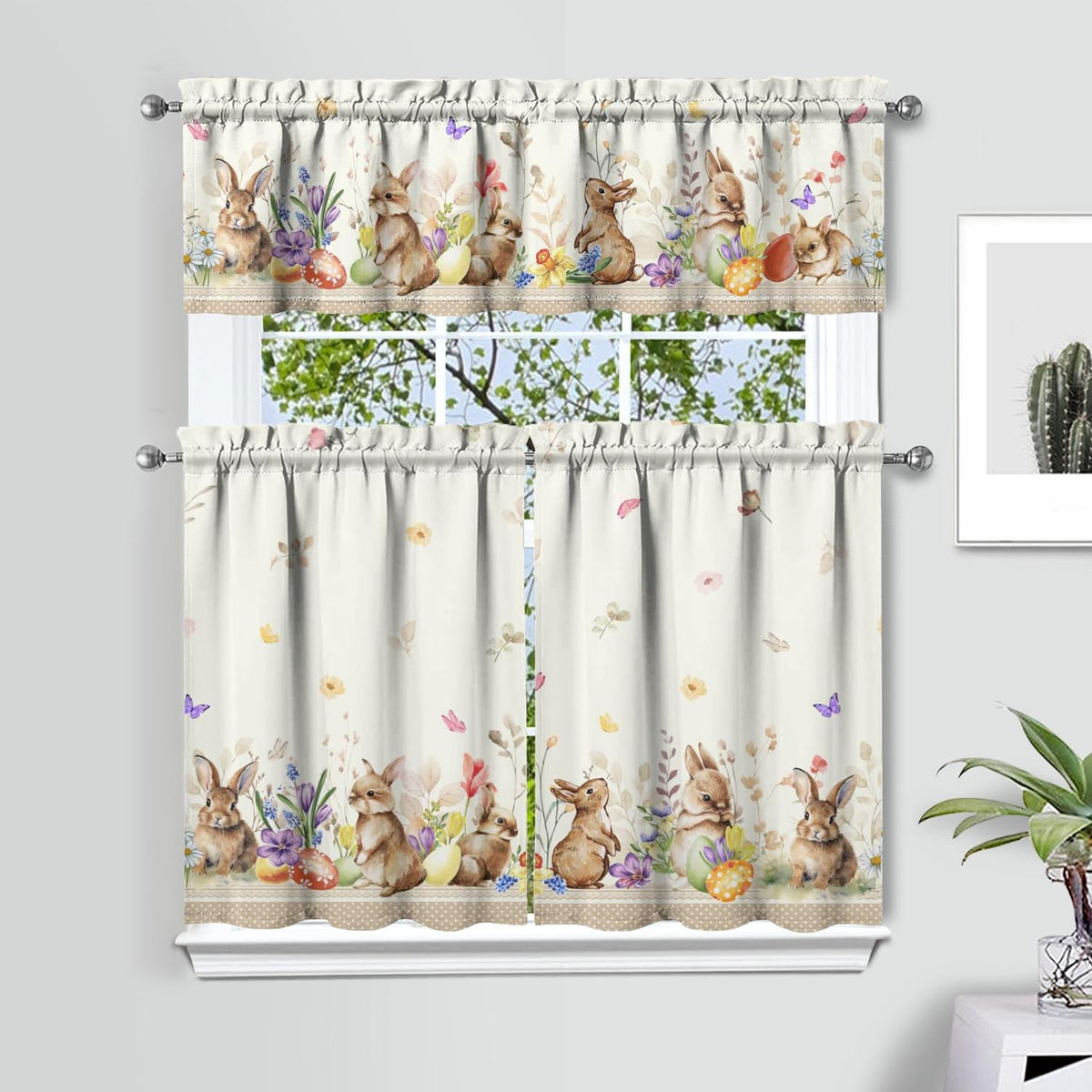 Sage Kitchen Curtain Valance 3 Piece Set, Sage Leaf Floral Kitchen Decor for Home Interior, Farmhouse Style Sink Window Curtains 36 Inch