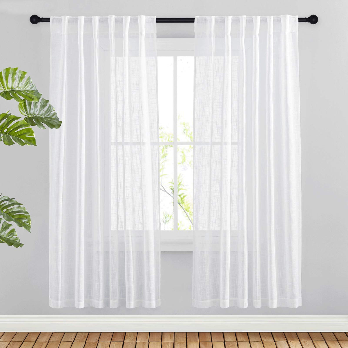 NICETOWN Natural Linen Kitchen Curtains 26 inches Long, Rod Pocket & Back Tab Semi Sheer Flax Window Treatments Rustic & Cute for Cafe/Kids Room, W37 x L26, 2 Panels