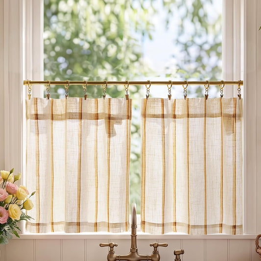 jinchan Linen Striped Tier Curtains for Kitchen Windows Farmhouse