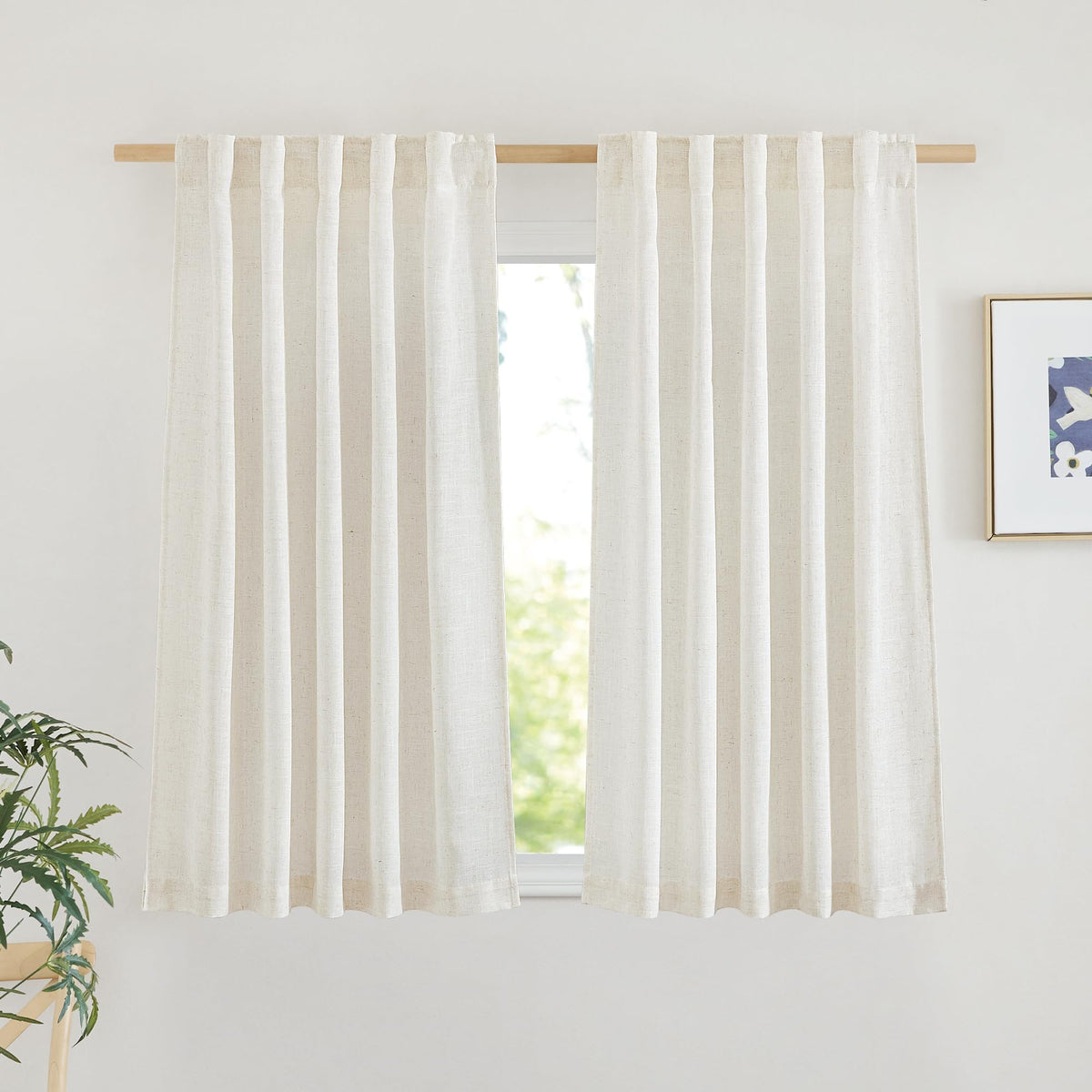 NICETOWN Natural Linen Kitchen Curtains 26 inches Long, Rod Pocket & Back Tab Semi Sheer Flax Window Treatments Rustic & Cute for Cafe/Kids Room, W37 x L26, 2 Panels