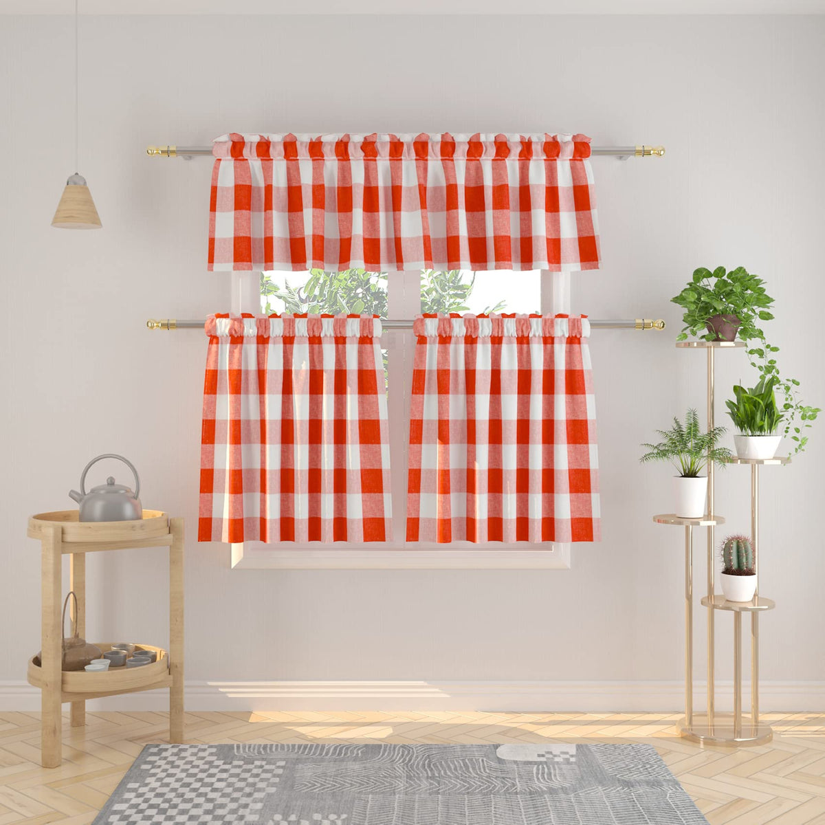 3 Pieces Tier Curtains and Valance Set Buffalo Check Kitchen Tiers Plaid Gingham Rod Pocket Classic Short Small Cafe Curtains Country Farmhouse Cafe Bathroom 54"x18"/27"x24" Brown & White
