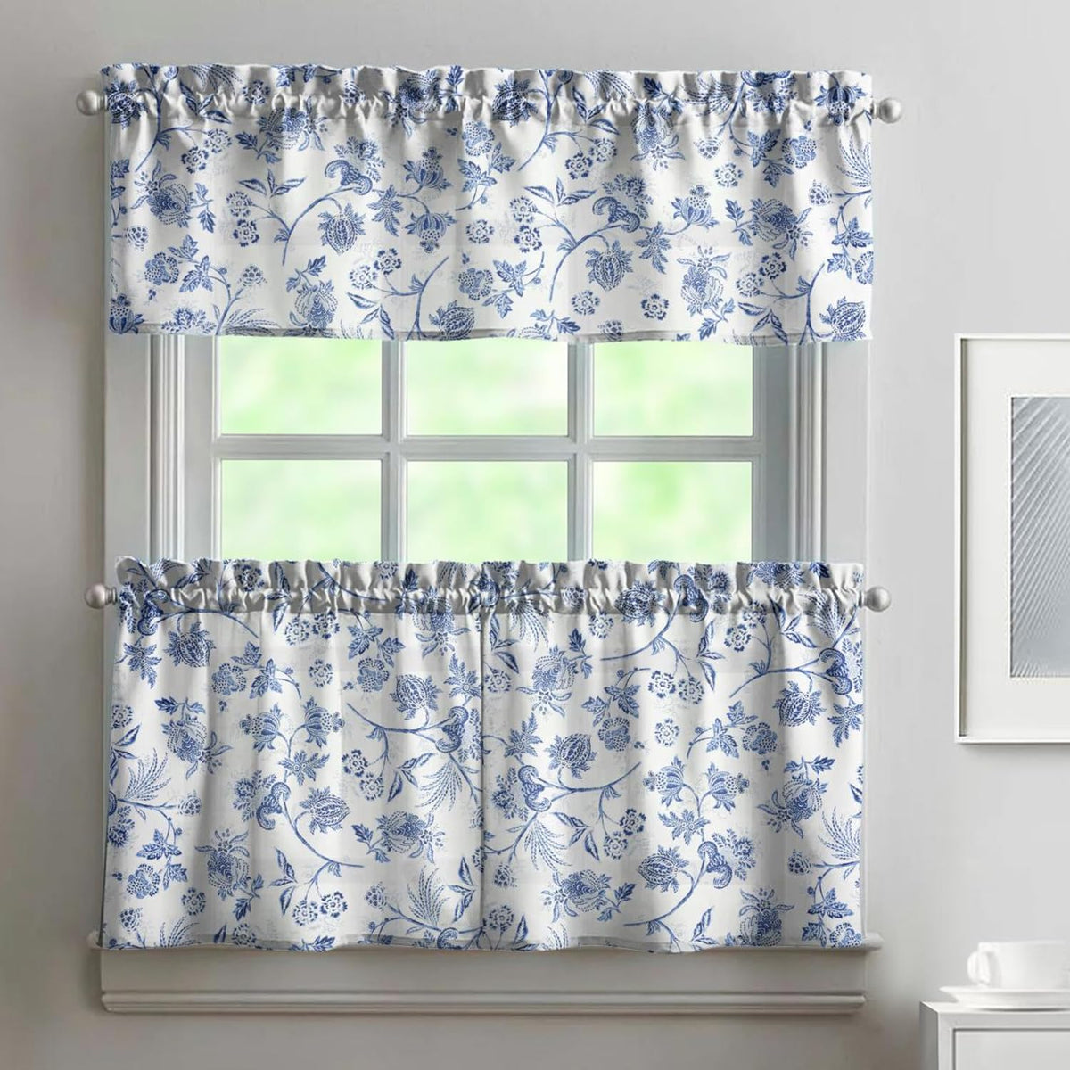 Sage Kitchen Curtain Valance 3 Piece Set, Sage Leaf Floral Kitchen Decor for Home Interior, Farmhouse Style Sink Window Curtains 36 Inch