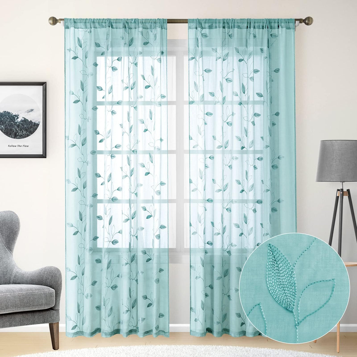HOMEIDEAS Sage Green Kitchen Tier Curtains Leaf Embroidered, 30x36, 2 Panel