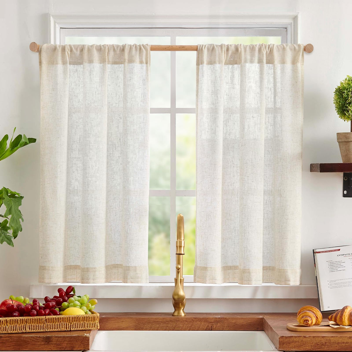 jinchan Hattie Floral Linen Kitchen Tier Curtains Beige 36 in 2 Panels
