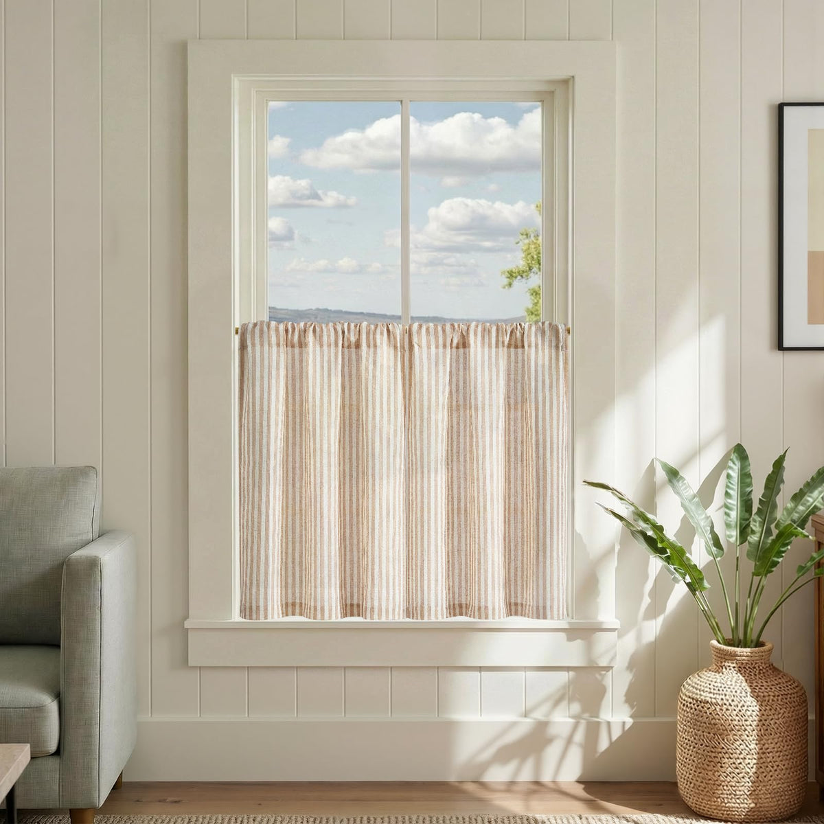 jinchan Striped Linen Kitchen Tier Curtains, 30 Inch, Sage Green, 2 Panels