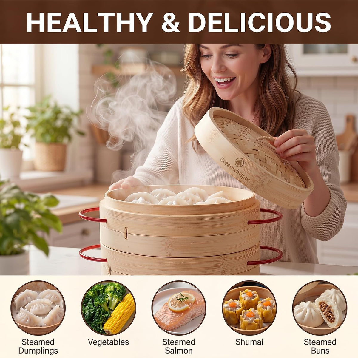 10 Inch Bamboo Steamer Set, 2 Tier Dumpling Steamer Basket – For Cooking Bao Buns, Dim Sum, Soup Dumpling (10 inch)