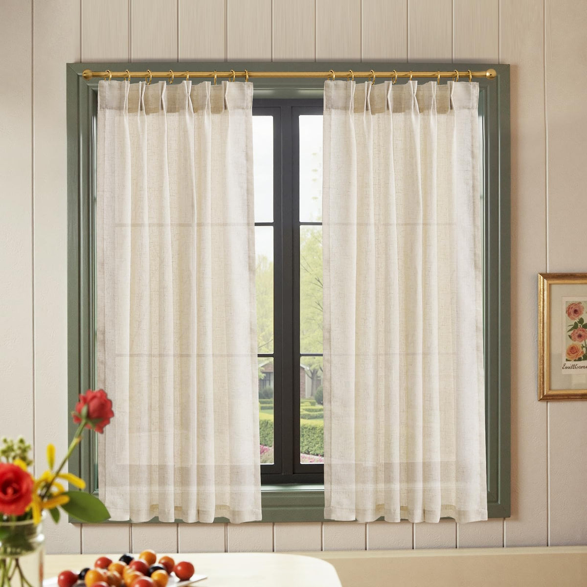 jinchan Linen Pinch Pleated Back Tab Tier Curtains, 26x36, Natural