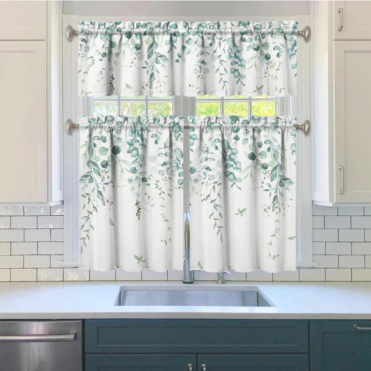 Sage Kitchen Curtain Valance 3 Piece Set, Sage Leaf Floral Kitchen Decor for Home Interior, Farmhouse Style Sink Window Curtains 36 Inch