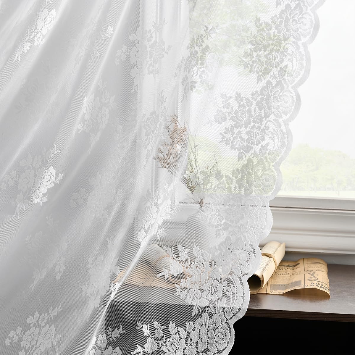 Kotile Short Beige Lace Curtains for Kitchen Windows W42xL45 Inch, 2 Panels