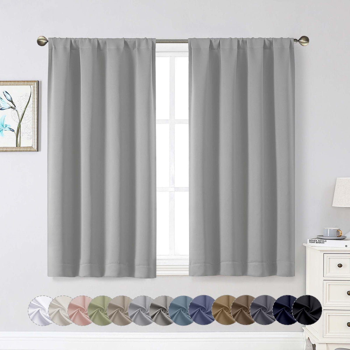 Black Cafe Blackout Curtains 36 Inch Length 2 Panels Set, Soft Solid Thermal Insulated Room Darkening Small Window Curtains for Kitchen Bathroom Basement, Black, Each, 40" Wx36 L