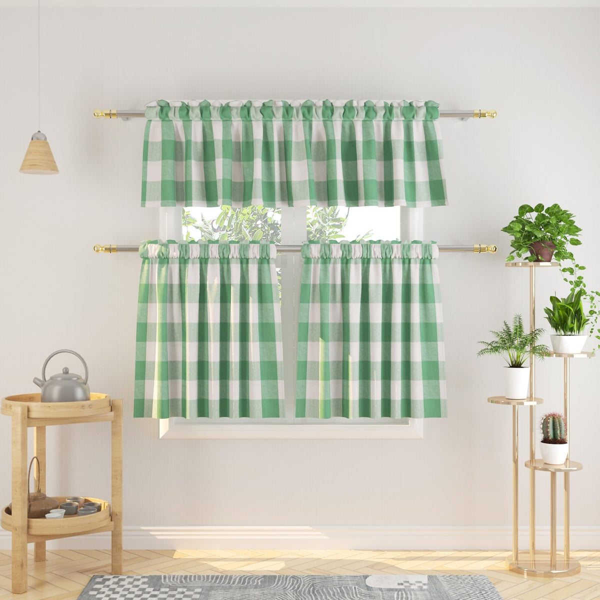 3 Pieces Tier Curtains and Valance Set Buffalo Check Kitchen Tiers Plaid Gingham Rod Pocket Classic Short Small Cafe Curtains Country Farmhouse Cafe Bathroom 54"x18"/27"x24" Brown & White