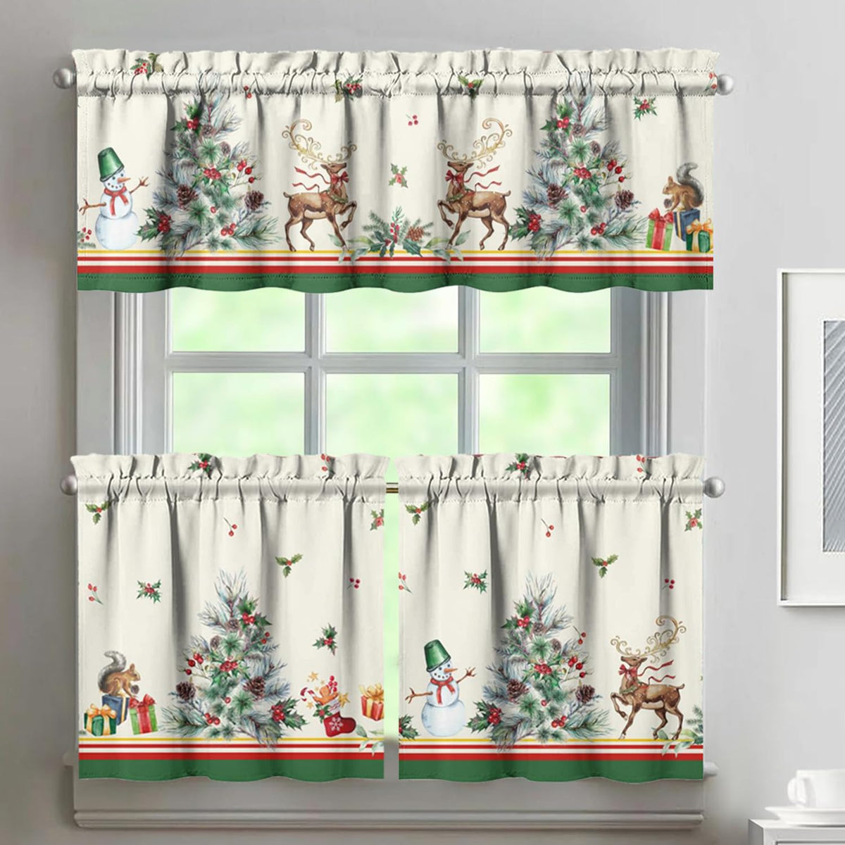 Sage Kitchen Curtain Valance 3 Piece Set, Sage Leaf Floral Kitchen Decor for Home Interior, Farmhouse Style Sink Window Curtains 36 Inch