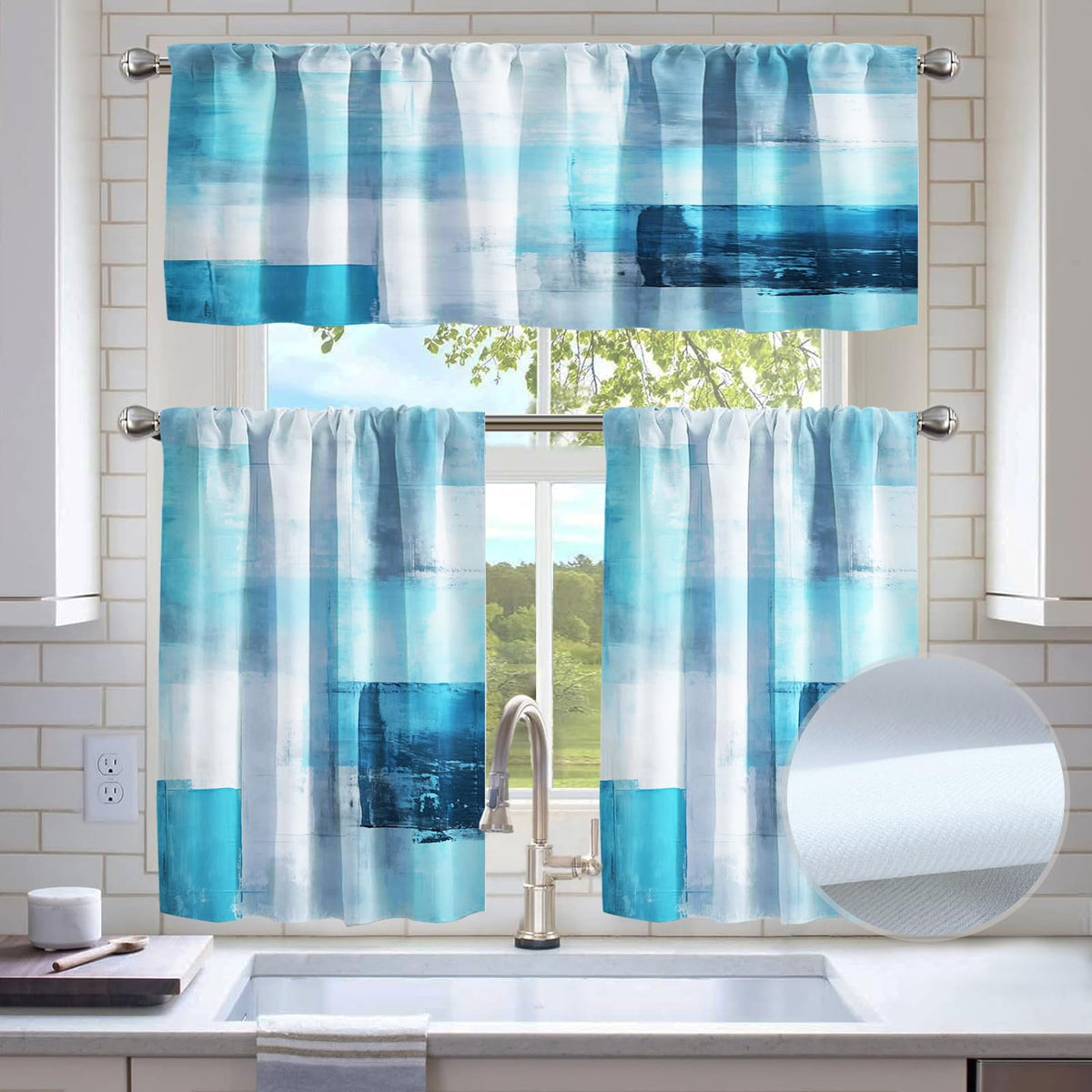 Kitchen Curtains Sets for Windows,52x36 Inch 3 Piece,Green Marble