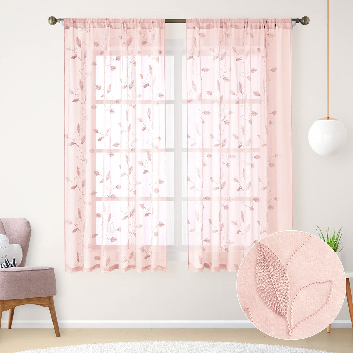 HOMEIDEAS Sage Green Kitchen Tier Curtains Leaf Embroidered, 30x36, 2 Panel