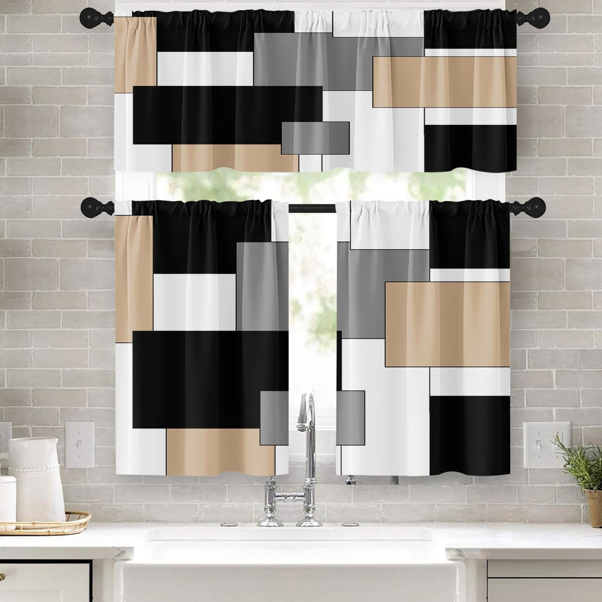 Kitchen Curtains Sets for Windows 52x36 Inch 3 Pack, Geometric