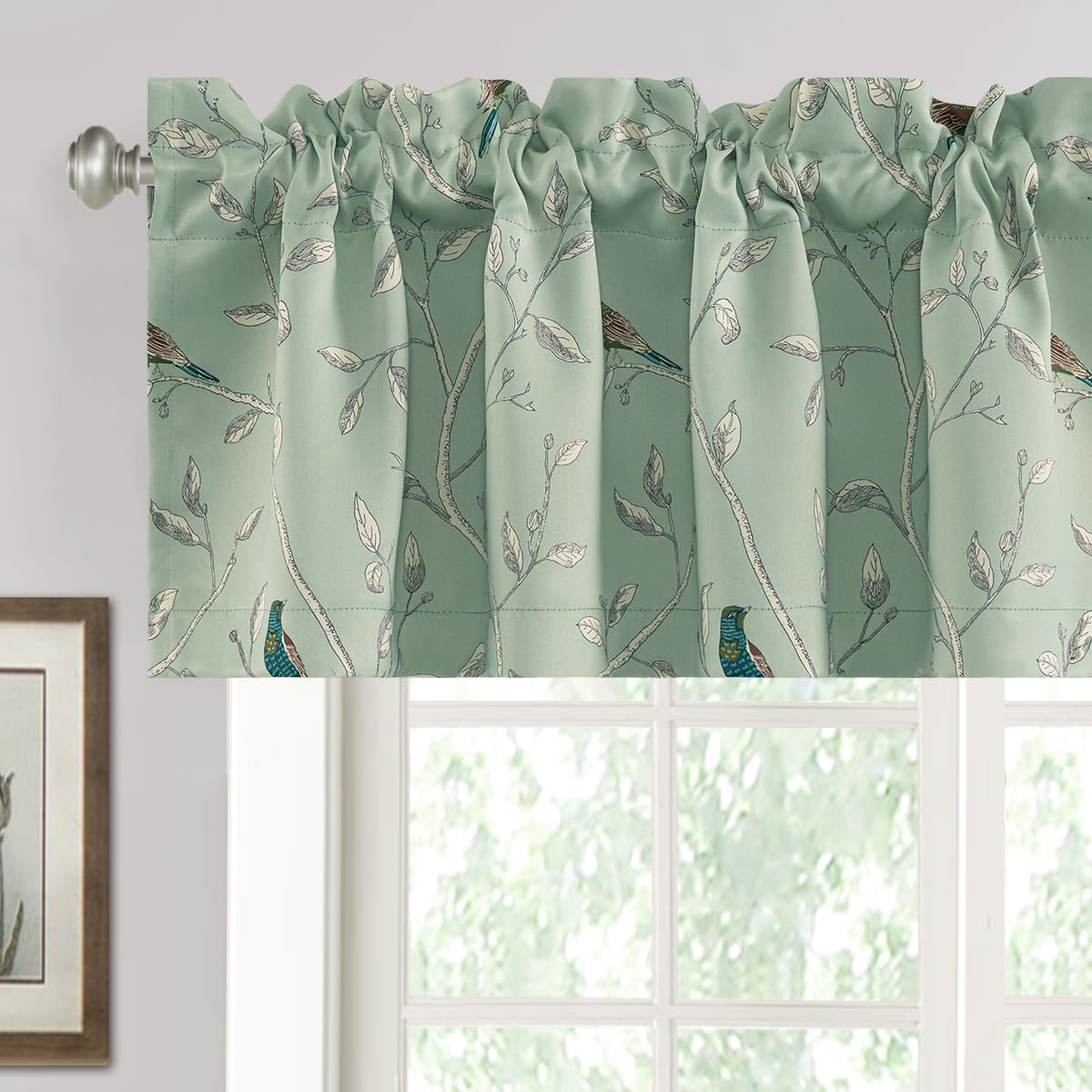 H.VERSAILTEX Blackout Curtain Valances for Kitchen Window/Living Room/Bathroom Privacy Added Rod Pocket Home Decoration Winow Valance, 52" W x 18" L, Floral in Sage and Brown