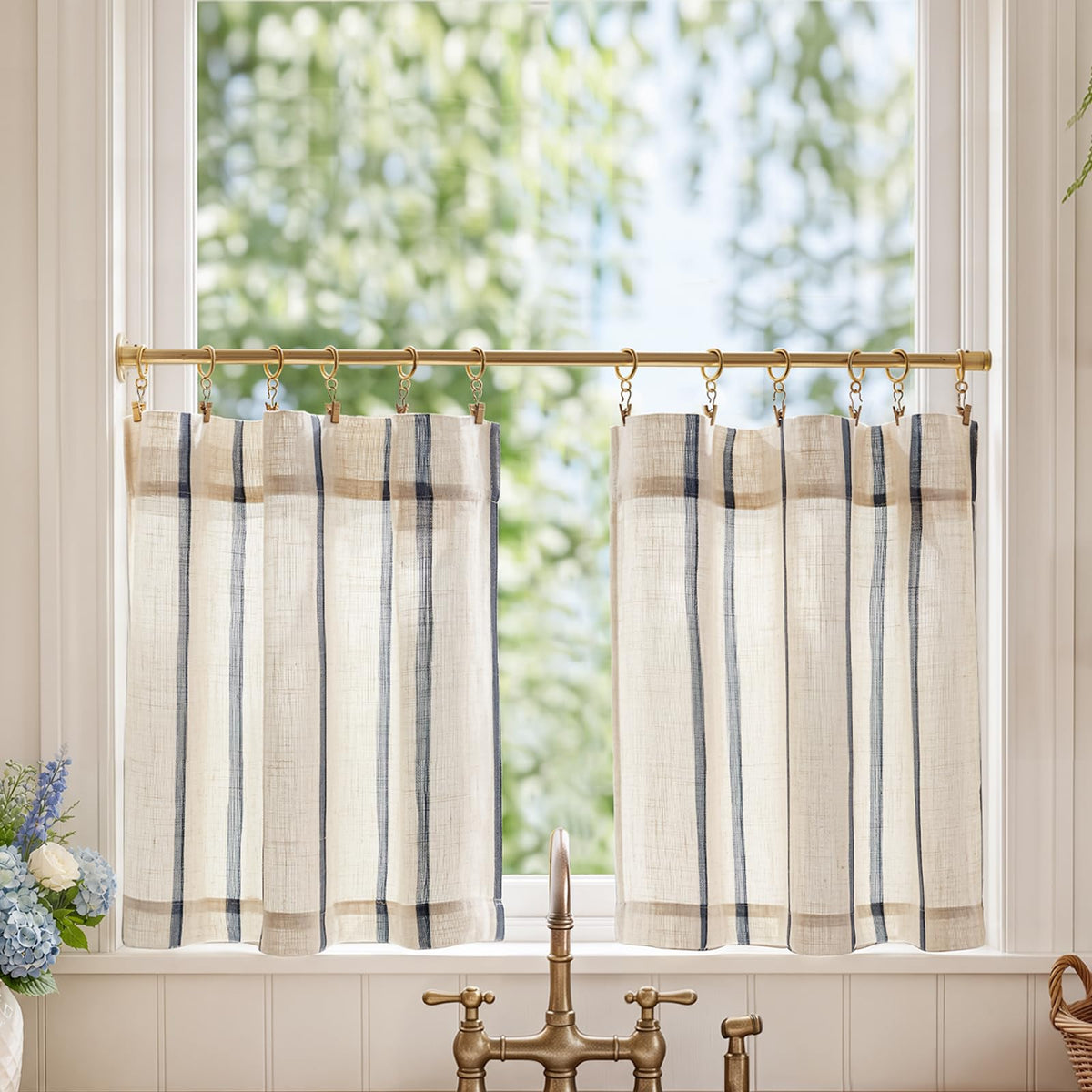 jinchan Linen Striped Tier Curtains for Kitchen Windows Farmhouse