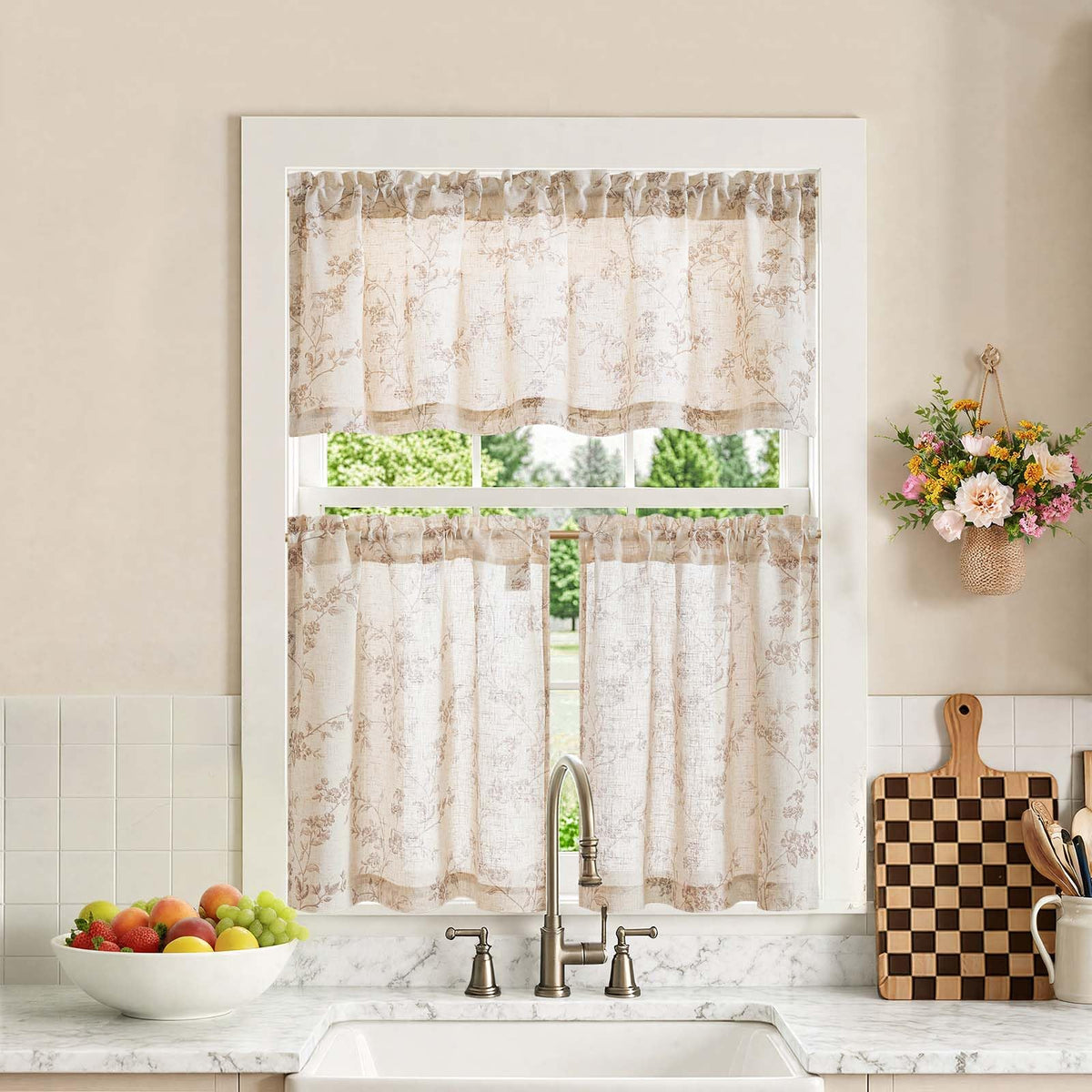 jinchan Green Linen Floral Kitchen Tier Curtains and Valance Set 3 Pieces