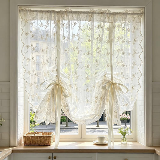Beige Romantic Little Floral Woven Lace Tie Up Balloon Curtain for Kitchen