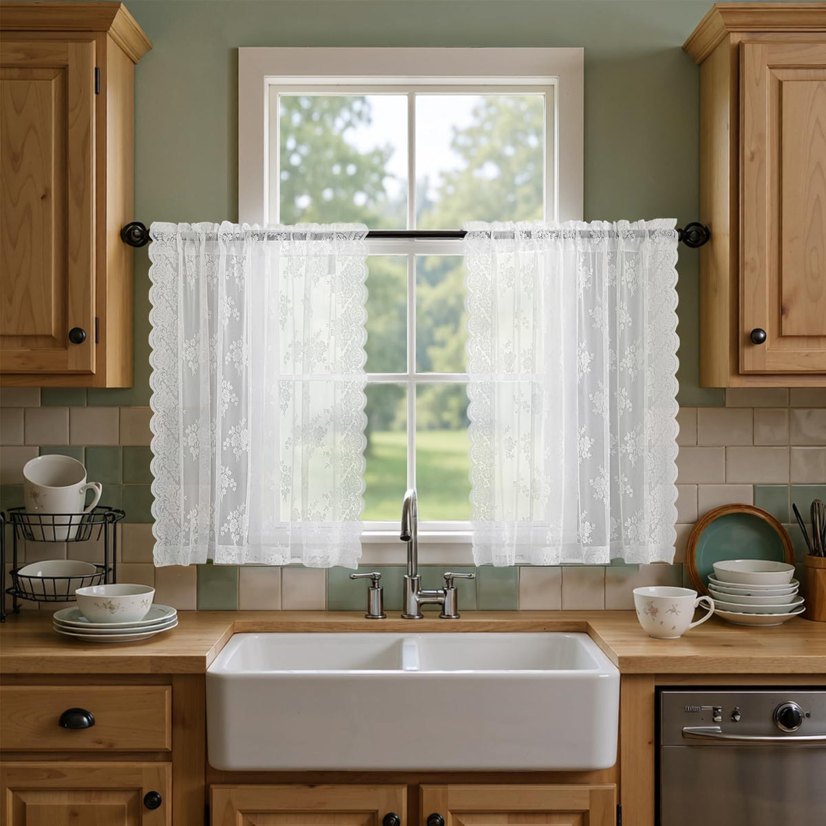 Kotile Short Beige Lace Curtains for Kitchen Windows W42xL45 Inch, 2 Panels