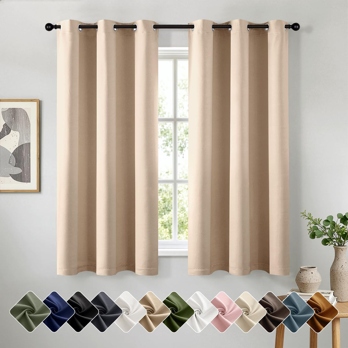 Short Navy Blue Blackout Kitchen Curtain W40 x L45 Inch 2 Panels