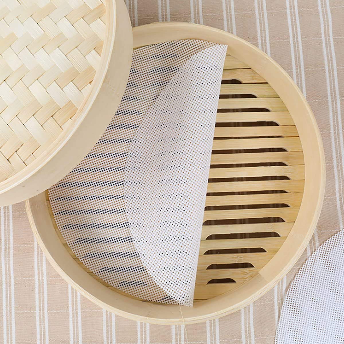8 Inch Silicone Bamboo Steamer Liners 10 Pack – Non-Stick Round Reusable Steamer Mesh Pad Mats for Steaming Dumplings, Veggies & Dim Sum Rice Buns Fish