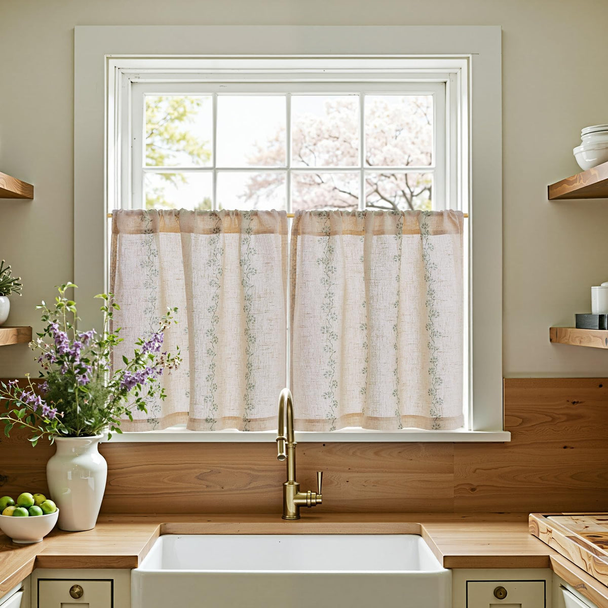jinchan Hattie Floral Linen Kitchen Tier Curtains Beige 30 in 2 Panels