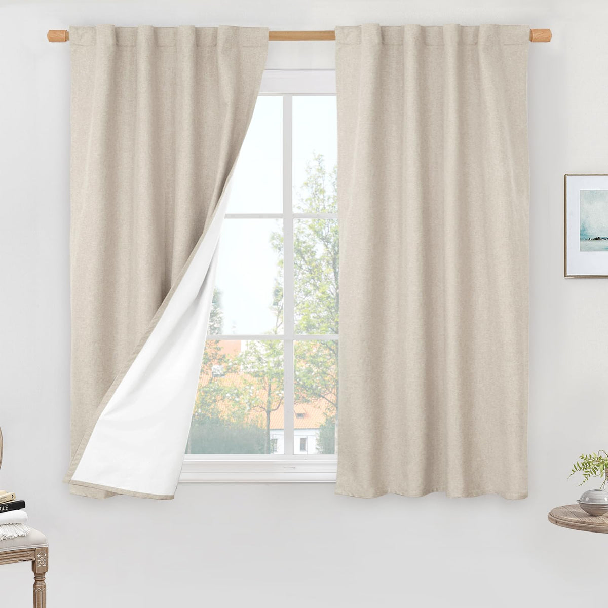 LAMIT Full Blackout Linen Kitchen Window Curtains 36 Inches Long, Ivory
